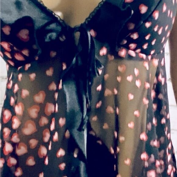 Black Lingerie W Pink Hearts OS Silky Sash Tie Ruffles Open Front Coquette - Picture 7 of 10